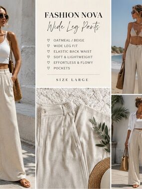Fashion Nova Pants Large Oatmeal Wide Leg Palazzo Boho Coastal Beach Linen Blend
